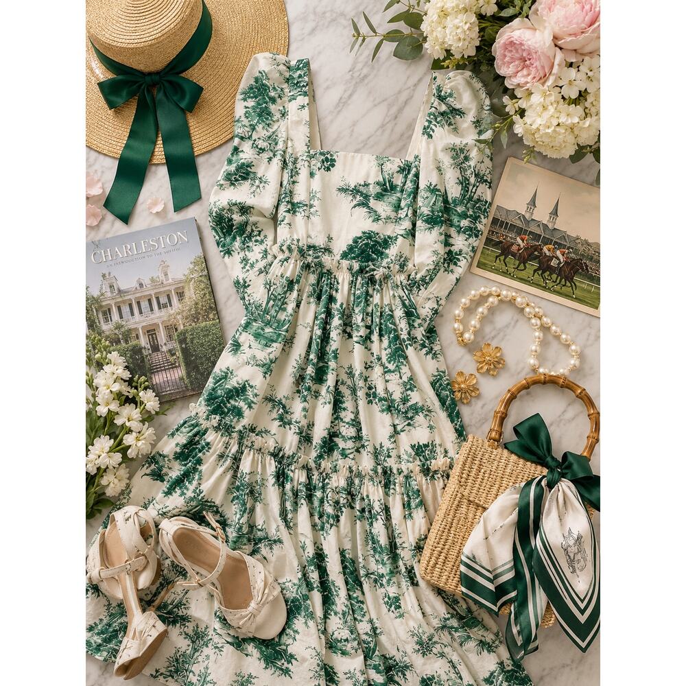 Cara Cara Blue Hill Toile Midi Dress Size 10 Green Botanical Cotton Garden Party - Picture 2 of 15